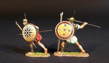Two Samnite Warriors, The Samnites, Armies and Enemies of Ancient Rome--two figures with 2 javelins in left (white and green tunic, yellow and red decorated shield, throwing javelin; red tunic, cream and black shield, javelin at hip height) #53422
