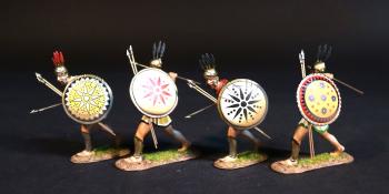 Image of Four Samnite Warriors, The Samnites, Armies and Enemies of Ancient Rome--four figures with 2 javelins and decorated shields in left hands (two throwing javelins; two with javelin at hip height) #53423