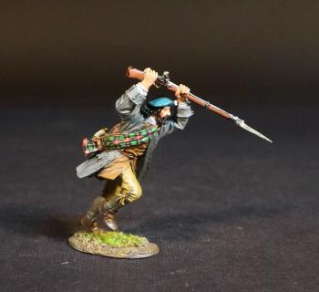 Image of Lowland Infantry (grey jacket, blue cap), The Jacobite Army, The Battle of Culloden, 16th April 1745, The Jacobite Rebellion, 1745--single figure charging with bayonet fixed on musket in overhand stab #53424