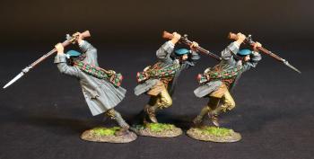 Image of Three Lowland Infantrymen (grey jacket, blue cap), The Jacobite Army, The Battle of Culloden, 16th April 1745, The Jacobite Rebellion, 1745--three figures charging with bayonet fixed on musket in overhand stab #53425