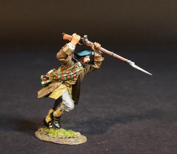 Image of Lowland Infantry (brown jacket, blue cap), The Jacobite Army, The Battle of Culloden, 16th April 1745, The Jacobite Rebellion, 1745--single figure charging with bayonet fixed on musket in overhand stab #53426