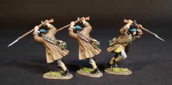 Image of Three Lowland Infantrymen (brown jacket, blue cap), The Jacobite Army, The Battle of Culloden, 16th April 1745, The Jacobite Rebellion, 1745--three figures charging with bayonet fixed on musket in overhand stab #53427
