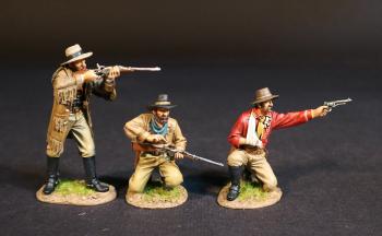 Image of Forsyth's Scouts, Battle of Beecher's Island, 17th -19th September 1868, Thunder on the Plains--three figures (standing, firing rifle; kneeling loading rifle; kneeling wounded, firing pistol) #53429