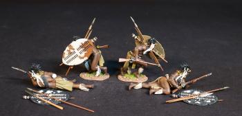 Image of Four Zulu Warriors with Muskets, The inGobamakhosi Regiment, The Zulu Impi, Battle of Gingindhlovu, 2nd April 1879--four figures (2 advancing crouched; 2 prone, reading to fire), shields, spears #53435