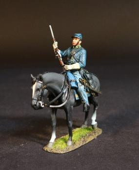 Image of Cavalry Trooper, Union Cavalry Corps, The Army of the Potomac, The Battle of Brandy Station, June 9th, 1863, ACW, 1861-1865--single mounted figure on walking black horse (carbine held upright on saddle) #53437