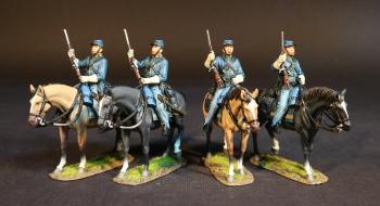 Image of Four Cavalry Troopers, Union Cavalry Corps, The Army of the Potomac, The Battle of Brandy Station, June 9th, 1863, ACW, 1861-1865--four mounted figures on walking horses (carbine held upright on saddle) #53438