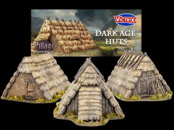 28mm Dark Age Huts--three unassembled hard plastic multi-part models #53444