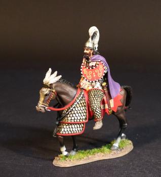 Persian Cataphract (white linen armor, purple cloak, red horse blanket), The Achaemenid Persian Empire, Armies and Enemies of Ancient Greece and Macedonia--single mounted figure with red crescent shield & sheathed sword #53530
