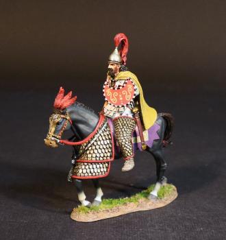 Persian Cataphract (white linen armor, yellow cloak, purple horse blanket), The Achaemenid Persian Empire, Armies and Enemies of Ancient Greece and Macedonia--single mounted figure with red crescent shield & sheathed sword #53531