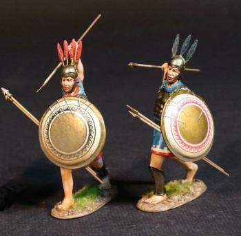 Two Samnite Warriors (blue tunics), The Samnites, Armies and Enemies of Ancient Rome--two figures with 2 javelins & round shields in left (black chakram design, bronze shield, stabbing with javelin; red chakram design, bronze shield, hurling javelin) #53533