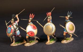 Four Samnite Warriors (2 in white tunics, 2 in blue tunics), The Samnites, Armies and Enemies of Ancient Rome--two figures with 2 javelins & round shields in left (2 stabbing with javelins; 2 hurling javelins) #53534