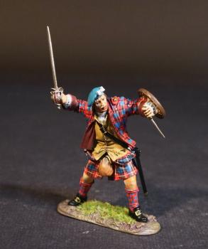 Highlander (red & blue plaid jacket and kilt), The Jacobite Army, The Battle of Culloden, 16th April 1745, The Jacobite Rebellion, 1745--single figure advancing parrying with dirk & buckler, broadsword raised in right hand #53535