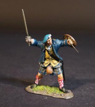 Highlander (blue & black plaid kilt, blue jacket), The Jacobite Army, The Battle of Culloden, 16th April 1745, The Jacobite Rebellion, 1745--single figure advancing parrying with dirk & buckler, broadsword raised in right hand #53536