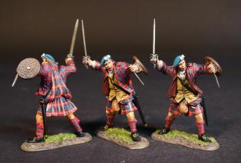 Three Highlanders (red & blue plaid jacket and kilt), The Jacobite Army, The Battle of Culloden, 16th April 1745, The Jacobite Rebellion, 1745--three figures advancing parrying with dirk & buckler, broadswords raised in right hands #53537