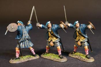 Three Highlanders (black & blue plaid kilt, blue jacket), The Jacobite Army, The Battle of Culloden, 16th April 1745, The Jacobite Rebellion, 1745--three figures advancing parrying with dirk & buckler, broadswords raised in right hands #53538