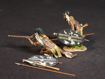 Two Zulu Warriors with Muskets, The inGobamakhosi Regiment, The Zulu Impi, Battle of Gingindhlovu, 2nd April 1879--two figures (kneeling firing; advancing crouched), shields, spears #53546