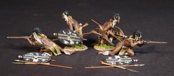 Four Zulu Warriors with Muskets, The inGobamakhosi Regiment, The Zulu Impi, Battle of Gingindhlovu, 2nd April 1879--four figures (2 kneeling firing; 2 advancing crouched), shields, spears #53547
