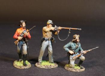 Three Dismounted Confederate Cavalrymen (advancing rifle across chest (red shirt); standing firing (tan shirt); kneeling loading (blue shirt)), Cav. Div., Army of Northern Virginia, Battle of Brandy Station, June 9th, 1863, ACW, 1861-1865--three figures #53551