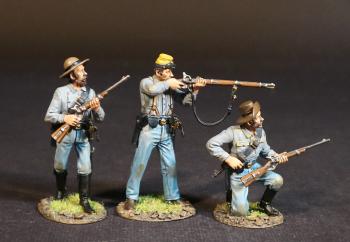 Three Dismounted Confederate Cavalrymen (advancing rifle across chest; standing firing; kneeling loading), Cav. Div., Army of Northern Virginia, Battle of Brandy Station, June 9th, 1863, ACW, 1861-1865--three figures in grey shirts #53552