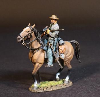 Confederate Cavalryman, Cavalry Division, The Army of Northern Virginia, The Battle of Brandy Station, June 9th, 1863, The American Civil War, 1861-1865--single mounted figure (grey & blue uniform, tan horse) with rifle held across body #53553