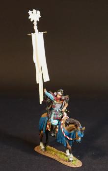 Standard Bearer, The Minamoto Clan, The Gempei War, 1180-1185--single mounted figure with thin white standard raised high #53554