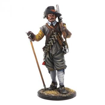 Image of Thirty Years War Tercio Musketeer, The Thirty Years War (1618-1648)--single figure leaning on musket stand, musket leaning on shoulder #53606