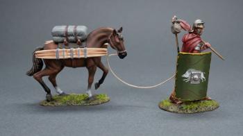 Roman Legionary with 19th Legion Green Shield Leading a Pony (C)--single figure toting his gear on a furca and leading a fully laden pony #53610