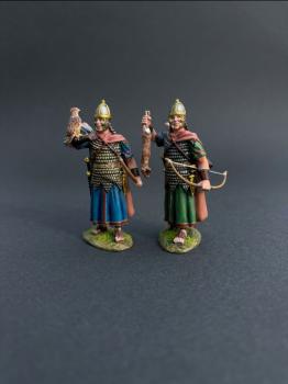Two Roman Auxiliary Archers Standing with Bows in Hands--two figures (hunting hawk sitting on gloved arm; holding skinned rabbit) #53611