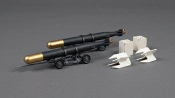 WWII Torpedo Set--two torpedos on trolleys with spare wooden stabilizers #53623