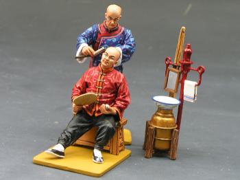 Image of Street Barber Shop--two figures and barber's tools