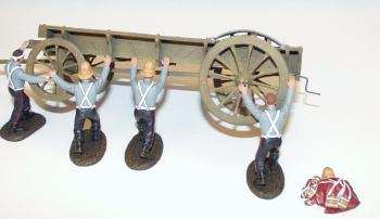 Image of Wagon being over turned by four 24th foot--wagon, four figures, & accessories--RETIRED--LAST ONE!!