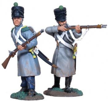 Image of French Light Infantry Voligeurs in Greatcoats Firing Line Set #1--two figures--RETIRED--LAST FOUR!! Image of French Light Infantry Voligeurs in Greatcoats Firing Line Set #1--two figures--RETIRED--LAST FOUR!!