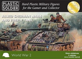 Image of 15mm Easy Assembly Sherman M4A4 and Firefly Tanks--contains five unassembled plastic tanks--TWO IN STOCK.
