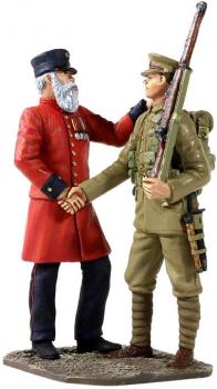 The Veteran's Farewell--19th Century Veteran Sending Young Lad to War in the 20th Century--two figures on single base #30958