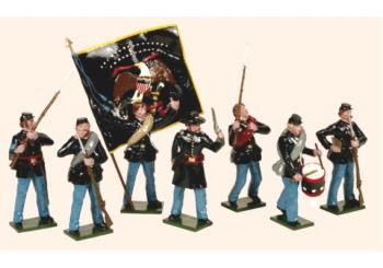 Image of Union Infantry--Officer, Colour Bearer, Sergeant, Drummer, two Privates loading, and a wounded Private