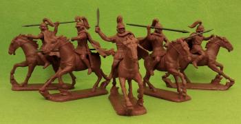 Allied Greek Cavalry--1 Officer, 2 armored Cavalrymen with spears and 2 Light Cavalrymen with javelins--five mounted figures #34214