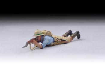 Image of British Lying Down Rifleman with small backpack takes aim (blue/grey shirt)--single figure--RETIRED--LAST TWO!!