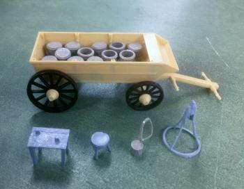 Image of Supply Wagon #1  Rel Wagon, table, stool, barrels, etc