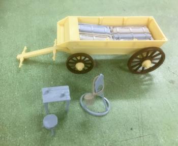 Image of Supply Wagon #2  Rel Wagon and Marx Civil War era table, stool, rifle rack, drum, Rifle Crates