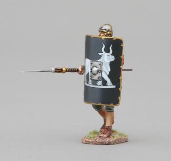 Image of Second Rank Legionnaire Advancing with Pilum Lowered, Wearing Scale Armor (9th Legion Black Shield with silver shield boss)--single figure--RETIRED--LAST ONE!!