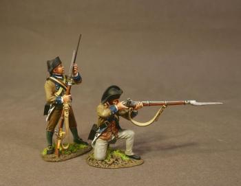 Image of Two Line Infantry (standing loading, kneeling firing), the 2nd New York Regiment, Continental Army, The Battle of Saratoga, 1777, Drums Along the Mohawk--RETIRED--LAST ONE!!