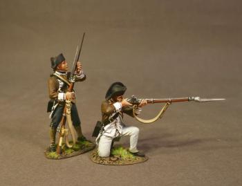 Image of Two Line Infantry (standing loading, kneeling firing), The 1st Canadian Regiment, Continental Army, The Battle of Saratoga, 1777, Drums Along the Mohawk--two figures