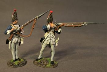 Image of Two Grenadiers (standing firing, standing locking breech), the Von Rhetz Regiment, Brunswick Grenadiers, The Battle of Saratoga, 1777, Drums Along the Mohawk--two figures