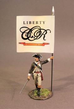 Image of Infantry Officer with Regimental Colours, The 1st Canadian Regiment, Continental Army, The Battle of Saratoga, 1777, Drums Along the Mohawk--single figure with flag--RETIRED--LAST ONE!! Image of Infantry Officer with Regimental Colours, The 1st Canadian Regiment, Continental Army, The Battle of Saratoga, 1777, Drums Along the Mohawk--single figure with flag--RETIRED--LAST ONE!!