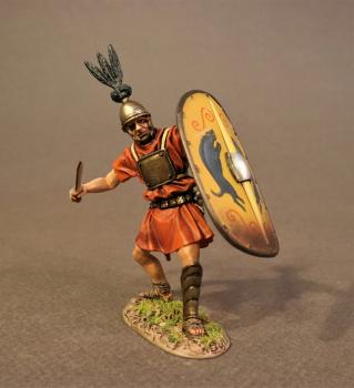 Hastatus (leaning back, sword pointing forward at mid-torso height, yellow shield), The Roman Army of the Mid Republic, Armies and Enemies of Ancient Rome--single figure #41002