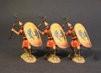 Three Hastati leaning back to hurl pilum (yellow shield), The Roman Army of the Mid Republic, Armies and Enemies of Ancient Rome--three figures Three Hastati leaning back to hurl pilum (yellow shield), The Roman Army of the Mid Republic, Armies and Enemies of Ancient Rome--three figures #41313