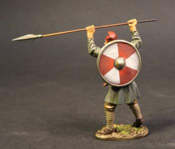 Image of Saxon Fyrdman #19b (standing thrusting spear over ranks two-handed, red & white shield), Anglo Saxon/Danes, The Age of Arthur--single figure--RETIRED--LAST ONE!!