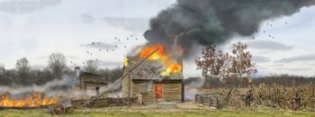 The Frontier Ablaze--Burning Cabin Scenic Backdrop #41612