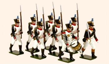 French Line Infantry (Fusiliers) Marching, 1815--Officer, Drummer, and six Fusiliers marching--Special Order:  Takes 2 to 3 months. French Line Infantry (Fusiliers) Marching, 1815--Officer, Drummer, and six Fusiliers marching--Special Order:  Takes 2 to 3 months. #41643