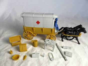 Image of Red Cross Ambulance Wagon (tan) with 2 different tops (gray) and blue driver--LAST ONE!!